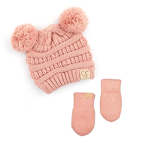 Funky Junque Baby Double Faux Fur Pom Pom Beanie & Mittens Set – Newborn Infant 0–9 Months Winter Hat with Soft Lined Mittens - color: Indi Pink (0-9 Months)