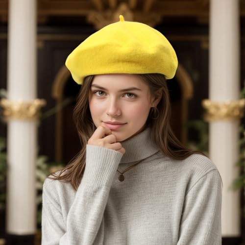 Women's Wool Beret: 70% Wool French Hat for Daily, Lightweight & Chic Berets for Women - color: Yellow