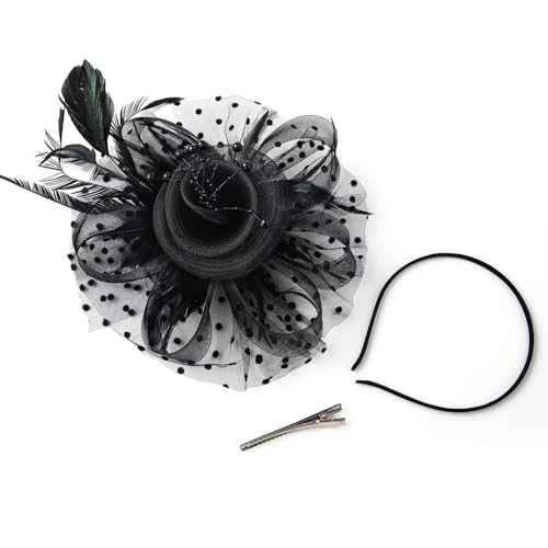 WLBON Fascinators Hat 20s 50s Headband Hair Clips Flower Mesh Veil Feather Headpiece Headwear Women Halloween Carnival Cocktail Wedding Church Cosplay Dress Up Birthday Tea Party Accessories Black - color: Black Tone
