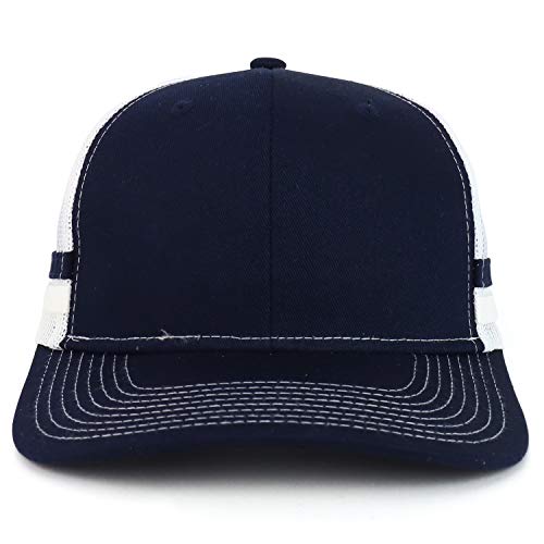 Trendy Apparel Shop Two Striped Flatbill Snapback Trucker Mesh Cap - color: Rich Navy Rich Navy