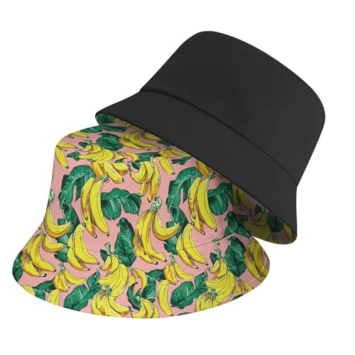 Amasnay Funny Bucket Hat Cotton Double-Side-Wear Reversible Sun Hat for Women Men, Summer Vacation Travel Beach Fisherman Hat - color: Pink Banana