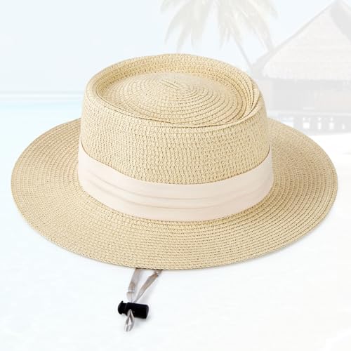 Womens Summer Straw Sun Hat Wide Brim Beach Hat with Wind Lanyard - color: Beige With Beige Band