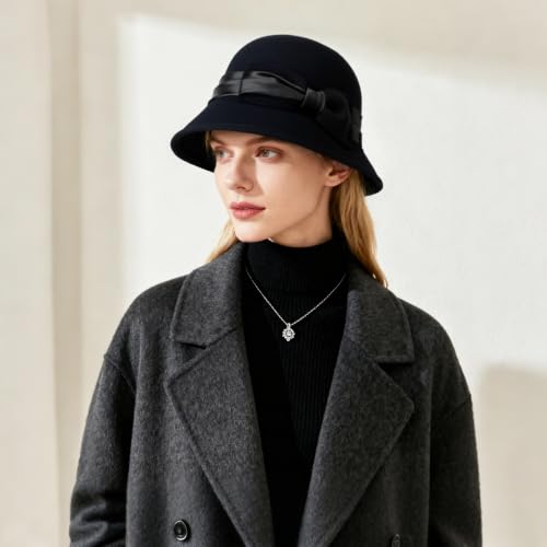Women Cloche Felt Hat Winter Wool Bucket Hat Vintage Fedora Bowler Hat - color: 2-black