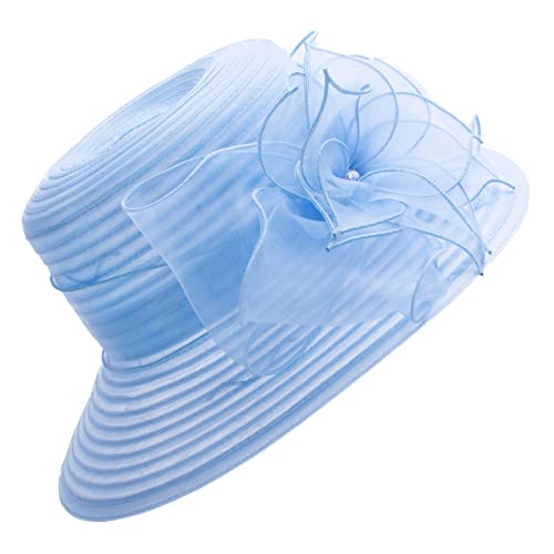 Womens Wedding Occasion Floral Wide Brim Church Dressy Sun Hat A323 - color: Blue