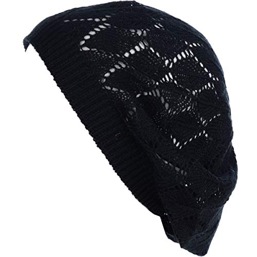 an Womens Lightweight Cut Out Knit Beanie Beret Cap Crochet Hat - Many Styles - color: 2681bkpurp