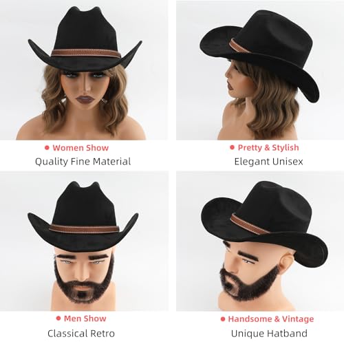 Western Cowboy Hat for Women Men Small Short Wide Brim Beach Cowgirls Cattleman Cowboys Hats - color: Black
