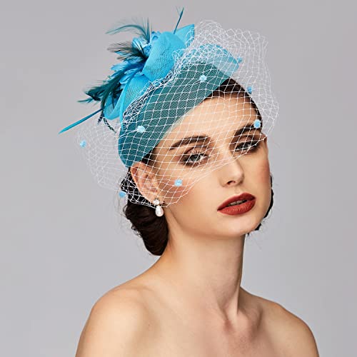 Tea Party Hat Fascinators Hats for Women Vintage Lace Mesh Floral Feather Hair Clip Headband with Veil for Church Wedding - color: Light Blue