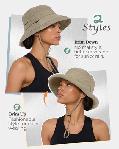 Bucket Sun Hat for Women, UPF 50+ Wide Brim, Packable, Waterproof Rain Hat for Hiking Outdoor Travel - color: Khaki