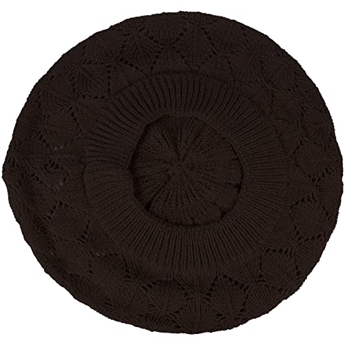 BYOS Chic Parisian Style Soft Lightweight Crochet Cutout Knit Beret Beanie Hat - color: 2-pack Leafy Brown & Black