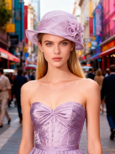 HIMESPORT Retro Sinamay Veil Flower Bride Wedding Fascinator Hat Feather Bowler Hat Hair Accessory Banquet Cocktail Party - color: Light Purple