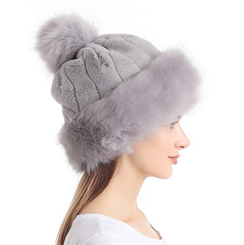 LA CARRIE Women's Hat Russian Cossack Pompom Cap for Winter Ski Snow - color: Grey