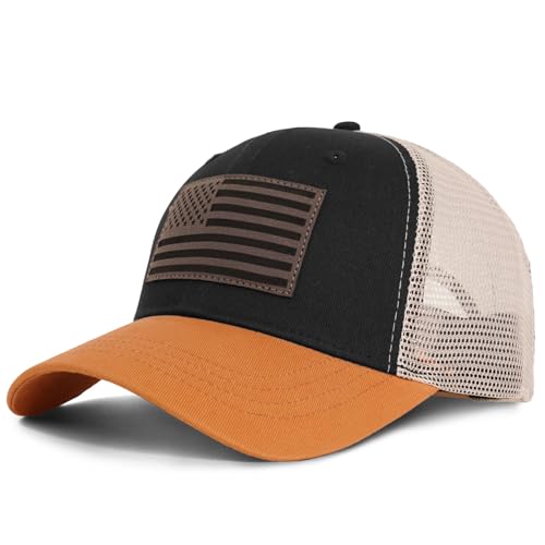 American Flag Trucker Hat - Snapback Hats for Men Women Baseball Cap - Breathable Mesh & Adjustable Fit for Casual Wear - color: Black Yellow