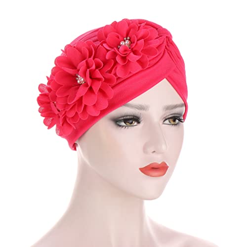 Flower Pre-Tied Turban Beanie, Soft Chemo Cap for Women Cancer Hair Loss - color: Rose Red
