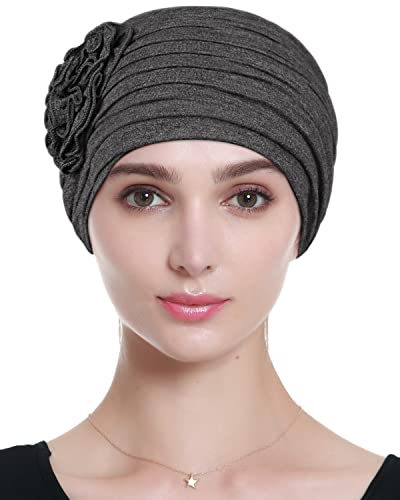 Alnorm Flower Design Chemo Hair Loss Caps Cancer Headwear for Women - color: Dark Hemp Grey