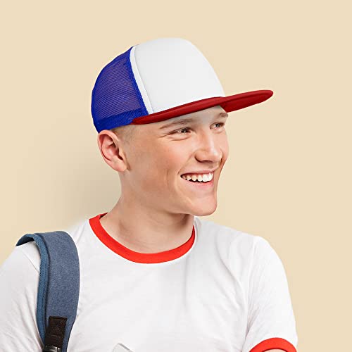 DALIX Flat Billed Trucker Hat Mesh Back S M L Adjustable Cap Solid Two Toned Snapback - color: Red-white-royal, size: One Size