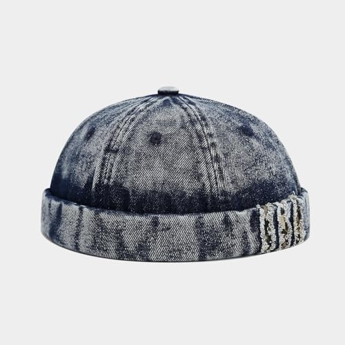 Unisex Washed Denim Distressed Rolled Cuff Brimless Docker Cap - color: Dark Blue