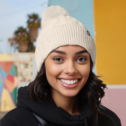 DALIX Cable Knit Pom Beanie Soft Stretch Skully Warm Fuzzy Faux Sherpa Winter Ski Beanie - color: Cream