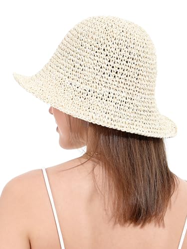 Womens Sun Hat Handmade Crochet Straw Bucket for Summer Foldable Travel Cap - color: Beige & Khaki