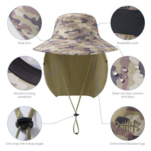 BASSDASH UPF 50+ Breathable Sun Hat with Removable Face Cover and Neck Flap Wide Brim Bucket Hat for Fishing Hiking Men Women - color: Earth Camo/Khaki