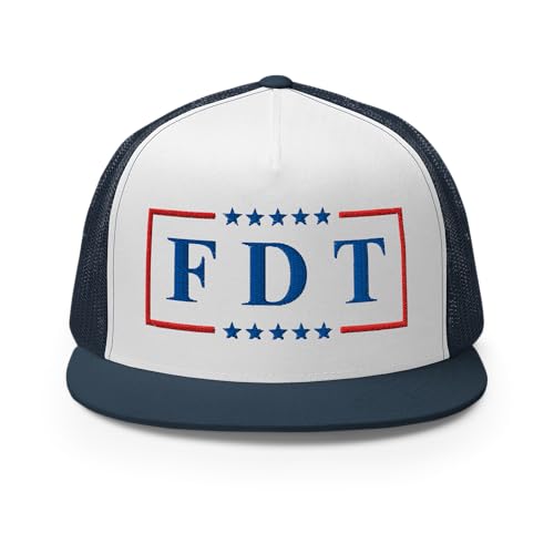 NX FDT Embroidered Flat Bill Trucker Hat High Crown Adjustable FDT Hat - color: Navy/ White/ Navy
