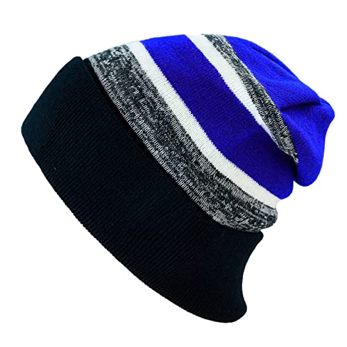 Winter Knit Beanie Hat with Pom Pom – Warm Cuffed Slouch Ski Cap for Men & Women - color: 2.black and Royal