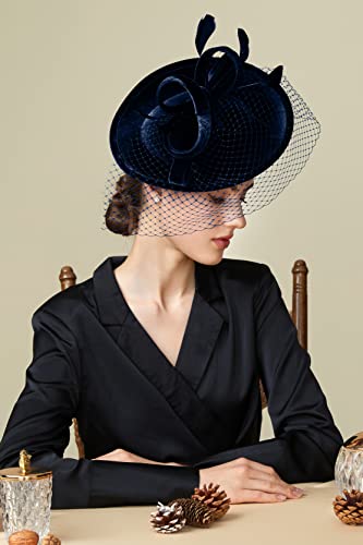 BABEYOND Fascinators Hats for Women Tea Party Velvet Veil Flat Derby Hat - color: Navy Blue