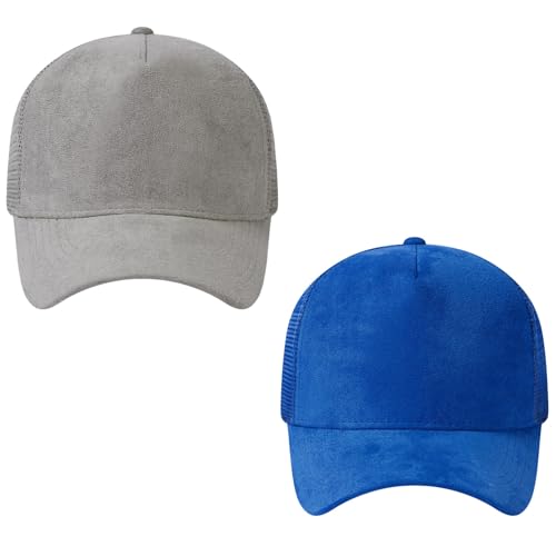 Suede Curved Brim Trucker Cap Adjustable Snapback Hat Mesh Back Breathable for Men Women 2 Pack SH03 - color: Pack of 2, Light Grey & Royal Blue