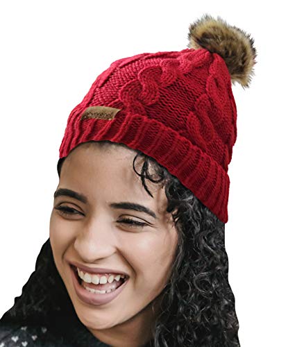 Novarena Thick Cable Knit Faux Fuzzy Fur Pom Fleece Lined Skull Cap Cuff Beanie - color: Red Pom Beanie