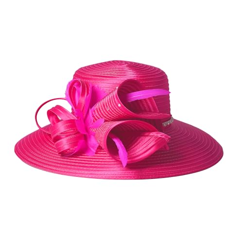 Women Derby Church Dress Wide Brim Hat, 1920s Vintage Feather Rhinestone Tea Party Wedding Cloche Bowler Hat - color: Rose