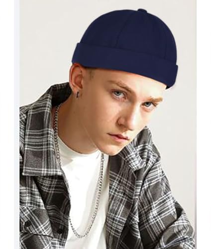 DIYDECAL 3 Pack Mens Brimless Skullcap Sailor Docker Cap Rolled Cuff Retro Beanie Hat - color: Navy Blue