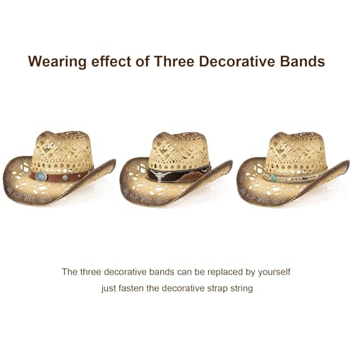 Cowboy Hat,Cowgirl Hat,Cowboy Hats for Women/Mens/3 Decorative Bands Straw Hat,Western Cowboy Hat for Women and Men - color: Yellow+coffee