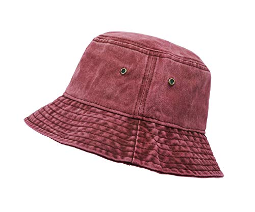 Bucket Hat, Wide Brim Washed Denim Cotton Outdoor Sun Hat Flat Top Cap for Fishing Hiking Beach Sports - color: Wine Red
