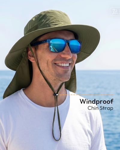 Sun Hats for Men Wide Brim Bucket Hat with Neck Flap for Fishing & Hiking Mens Sun Hat for UV Protection - color: Dark Green