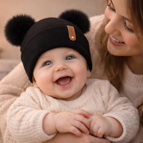 Toddler Winter Beanie Hats 3 Pack – Double Pom Pom Soft Knitted Hats for Baby Boys Girls 6–36 Months - color: Beige+black+caramel