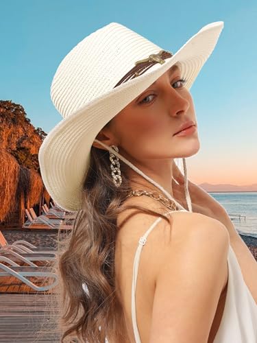 Straw Cowboy Sun Hat Western Cowgirl Women Men with Windproof Chin Strap - color: 크리미 화이트.