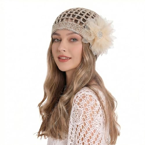 ZLYC Women Crochet Beanie Hat Summer Handmade Knit Decorated Skull Cap - color: Floral Khaki
