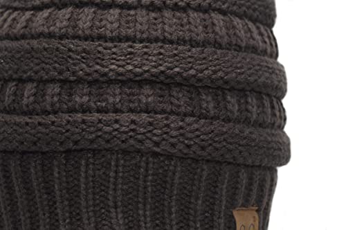 C.C Trendy Fuzzy Fleece Lined Warm Comfortable Soft Stretch Cable Knit Ribbed Faux Fur Pom Pom Beanie Hat - color: Brown