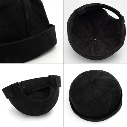 Men Docker Cap Brimless Skullcap Sailor Cap Rolled Cuff Retro Beanie Hat with Adjustable - color: Black Suede