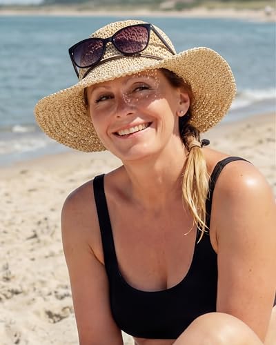 Hat Hut Floppy Beach Hat Crochet Straw Sun Hats for Women Wide Brim Handmade Summer Travel Hat Foldable Packable (US, Alpha, One Size, Beige)