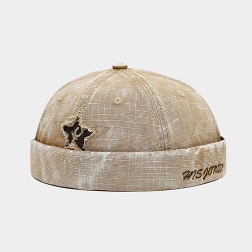Unisex Washed Denim Distressed Rolled Cuff Brimless Docker Cap - color: Star-khaki
