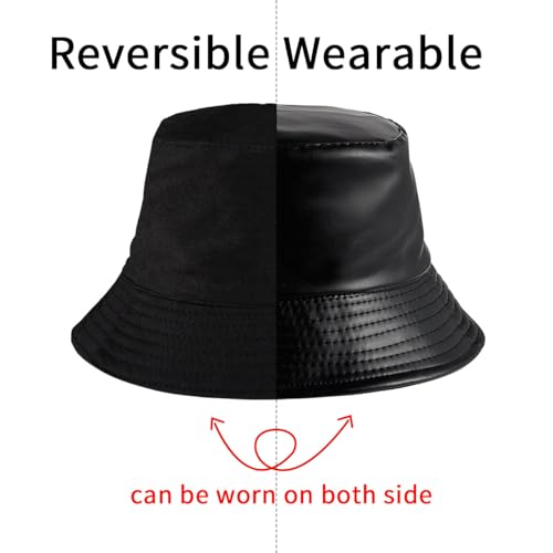 MILAKOO Pu Leather Bucket Hat for Unisex Reversible Fishing Cap Metallic Retro 80s 90s Fisherman Hat - color: A: Black