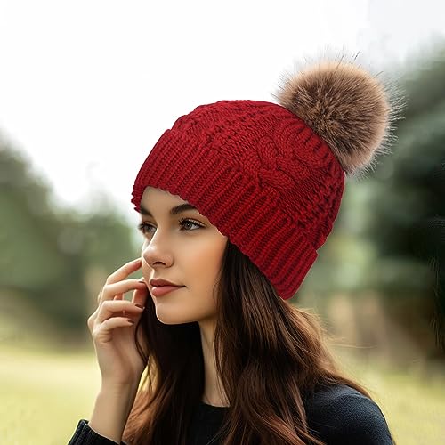 TOPTIE Slouchy Knit Beanie Hat for Women Faux Fur Pom Pom Fleece Lined - color: Red