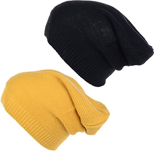 an Unisex Striped Knit Slouchy Beanie Hat Lightweight Soft Fashion Cap - color: 5014-2pk-mustrd
