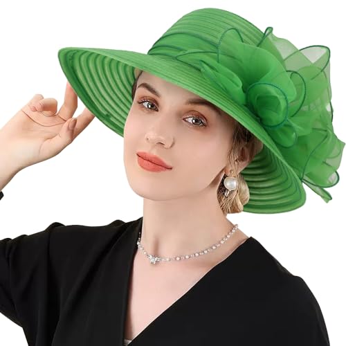 DRESHOW Lady Derby Dress Church Bowler Cloche Hat Bowknot Organza Bridal Cap for Wedding - color: 1 Pack: Green