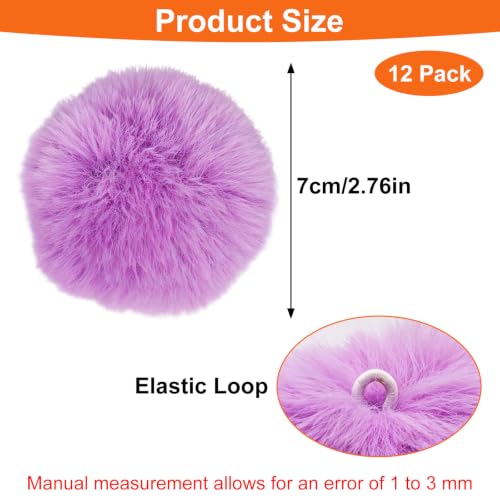 SWZHAI 12 Pcs 2.75 Inch Small Faux Fur Pom Pom Balls, Fluffy Pompom with Elastic Loops for Hats, Scarves, Bags, Shoes, Gloves & Key Chain Charms Accessories (Purple) - size: Purple