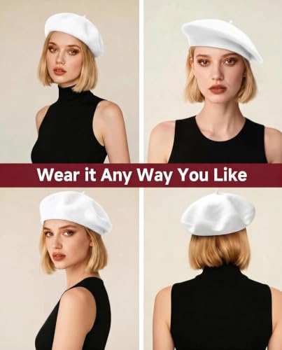 Wool French Beret Hats for Women Classic Winter Beanie Cap - color: White