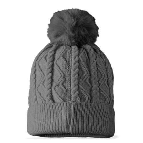 DALIX Cable Knit Pom Beanie Soft Stretch Skully Warm Fuzzy Faux Sherpa Winter Ski Beanie - color: Charcoal Gray