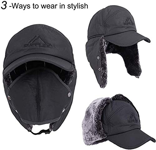 Winter 3 in 1 Thermal Fur Lined Trapper Hat with Ear Flap Full Face Warmer Cover Windproof Cycling Motorcycle Headwear - color: Grey