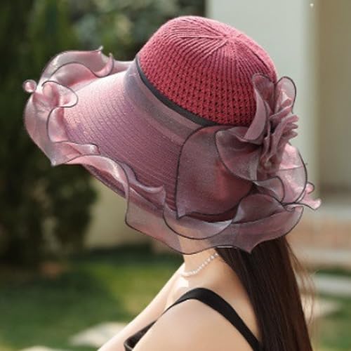 Floral Church Wide Brim Sun Hat, Breathable Derby Tea Party Hat - color: Red