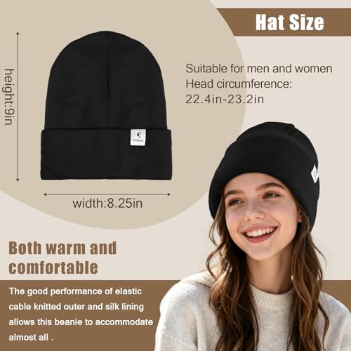 Satin Lined Winter Beanie Hat, Unisex Soft Knit Warm Skull Cap - color: Black